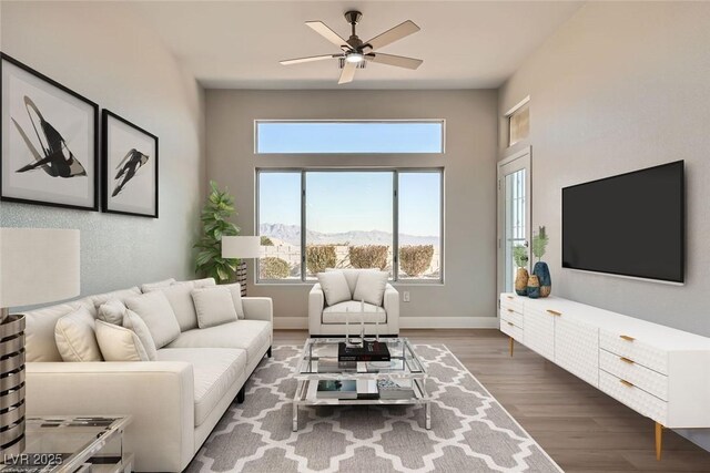 living room with ceiling fan and dark hardwood / wood-style flooring