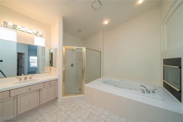 bathroom with independent shower and bath, vanity, and lofted ceiling