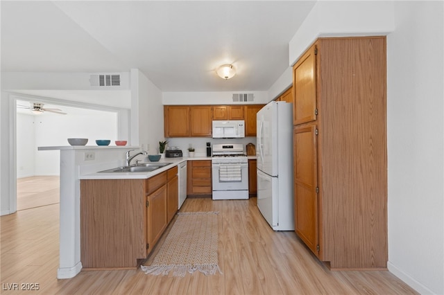 kitchen with sink, white appliances, light hardwood / wood-style flooring, kitchen peninsula, and ceiling fan