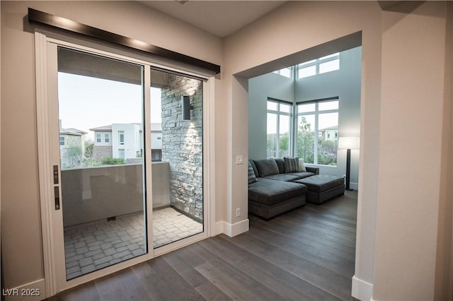 doorway with dark hardwood / wood-style flooring