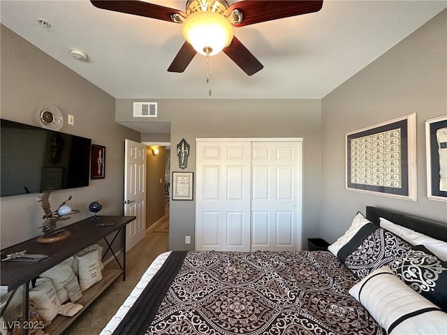 bedroom with ceiling fan and a closet