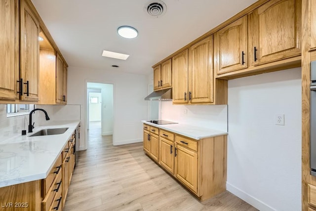 kitchen with light hardwood / wood-style floors, black electric stovetop, light stone countertops, and sink