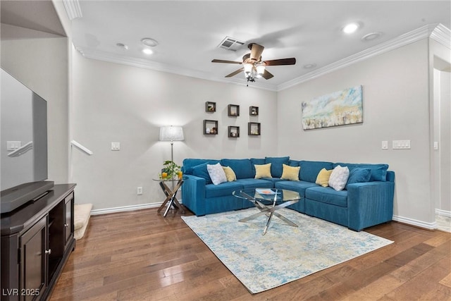 living room featuring ornamental molding, ceiling fan, and dark hardwood / wood-style flooring