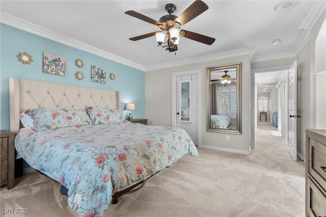 carpeted bedroom featuring ornamental molding and ceiling fan