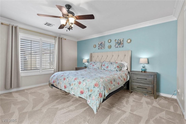 carpeted bedroom featuring crown molding and ceiling fan