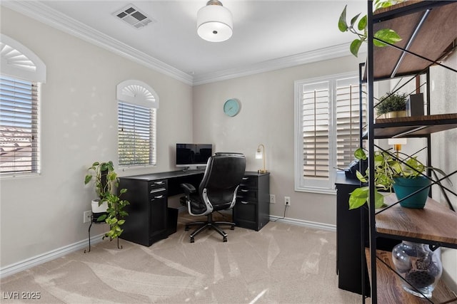 office area with light carpet and ornamental molding