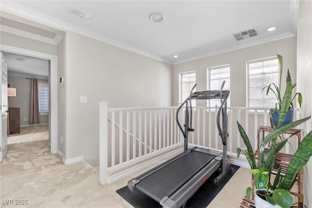 workout area with ornamental molding and light colored carpet