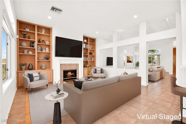 tiled living room with built in features