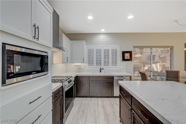 kitchen featuring sink, light hardwood / wood-style flooring, appliances with stainless steel finishes, white cabinetry, and dark brown cabinetry