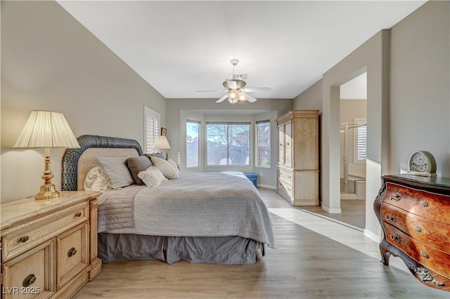 bedroom featuring ceiling fan and light wood-type flooring