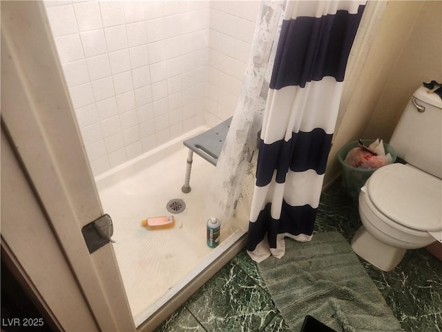 bathroom with toilet and a shower with curtain