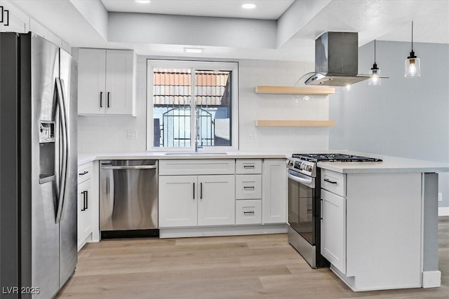 kitchen featuring white cabinets, stainless steel appliances, and island range hood