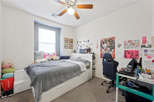 carpeted bedroom with ceiling fan