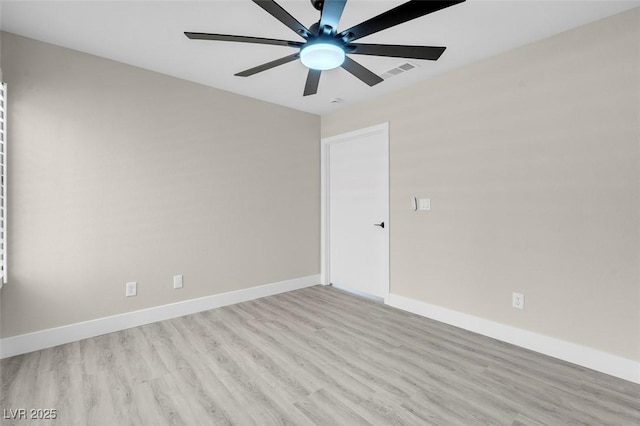 empty room featuring ceiling fan and light hardwood / wood-style flooring