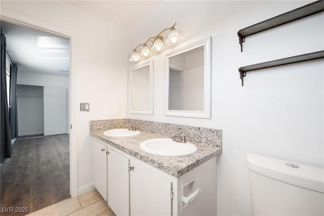 bathroom featuring wood-type flooring, vanity, and toilet