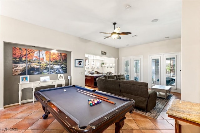 playroom featuring ceiling fan, tile patterned floors, and billiards