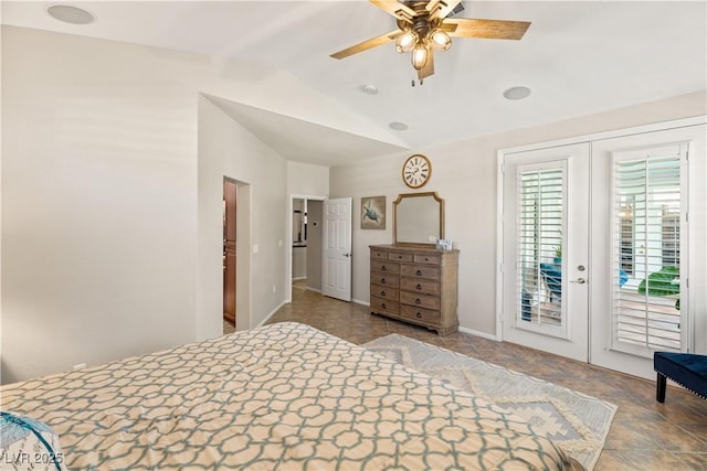 bedroom with vaulted ceiling, access to outside, ceiling fan, and french doors