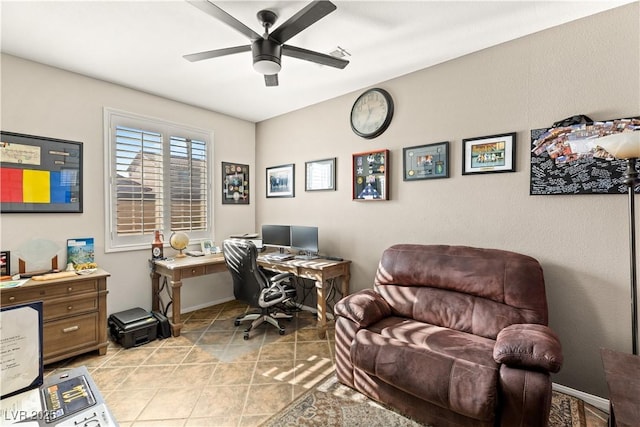 office with ceiling fan and light tile patterned floors