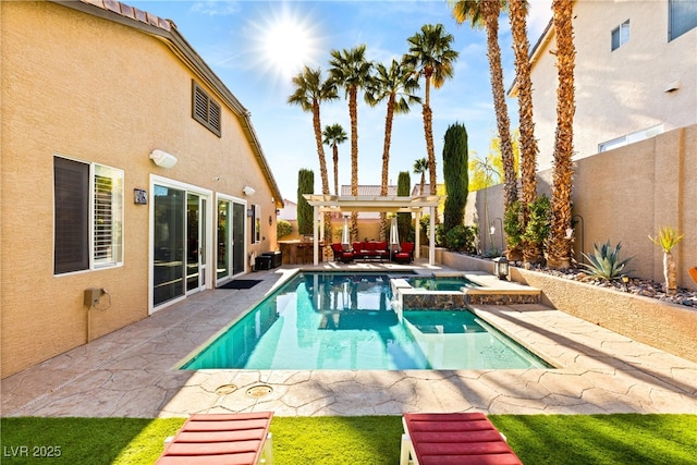 view of swimming pool with an in ground hot tub, an outdoor hangout area, a patio, and a pergola