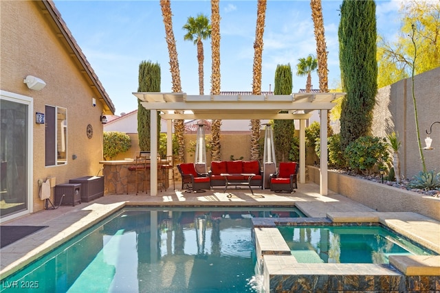 view of swimming pool featuring a pergola, an outdoor hangout area, an outdoor bar, and an in ground hot tub