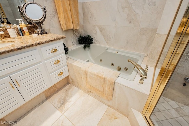 bathroom with tile patterned flooring, plus walk in shower, and tile walls