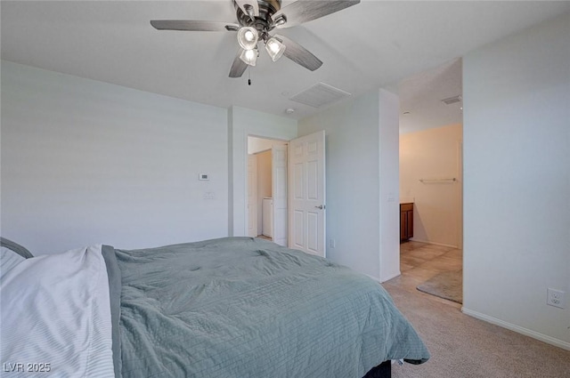 bedroom featuring ceiling fan and light colored carpet