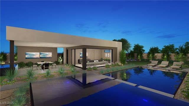 pool at dusk featuring an outdoor living space and a patio