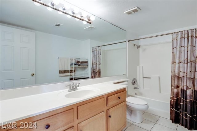 full bathroom with shower / bathtub combination with curtain, vanity, toilet, and tile patterned flooring