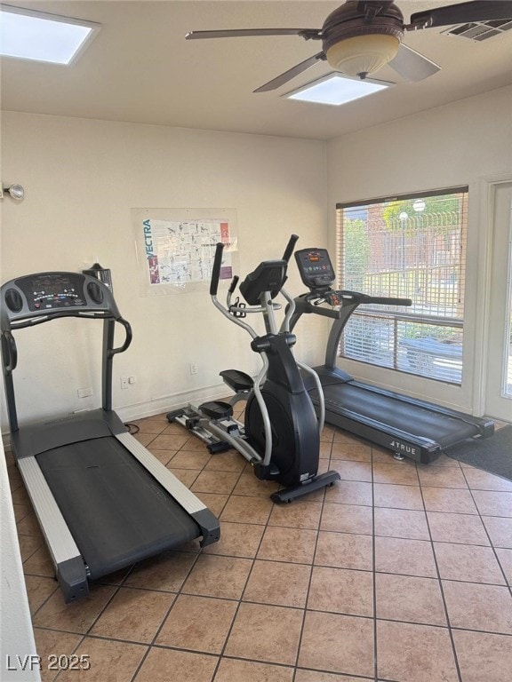 exercise area featuring tile patterned floors and ceiling fan