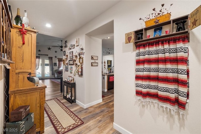 hallway with hardwood / wood-style flooring