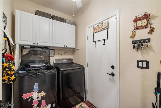 laundry area featuring independent washer and dryer, cabinets, and ceiling fan