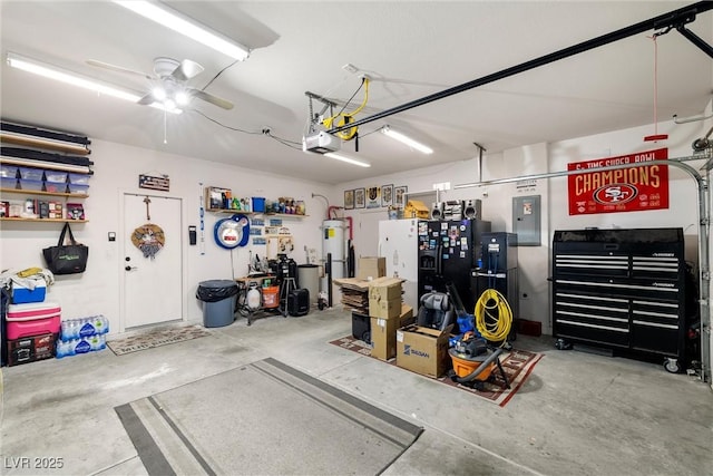 garage featuring secured water heater, a garage door opener, electric panel, and ceiling fan