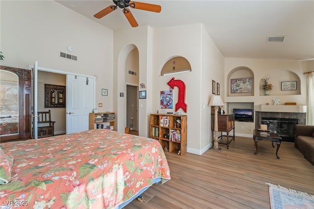 bedroom featuring ceiling fan and light wood-type flooring