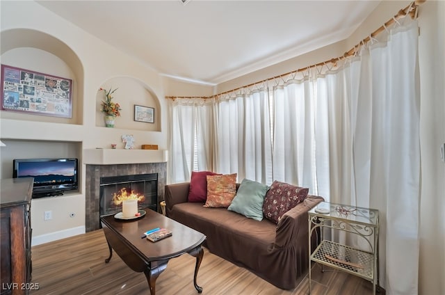 living room featuring a fireplace, hardwood / wood-style floors, and a wealth of natural light