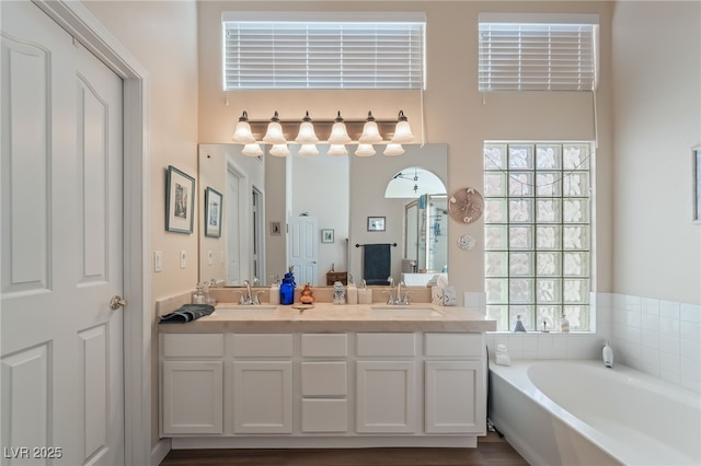 bathroom featuring a tub to relax in, vanity, and a wealth of natural light