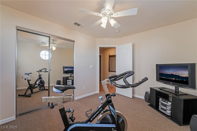 workout area with carpet floors and ceiling fan