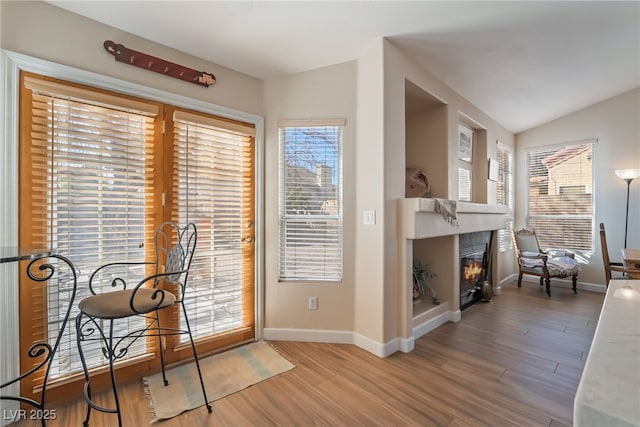 sitting room featuring vaulted ceiling, a healthy amount of sunlight, and hardwood / wood-style floors