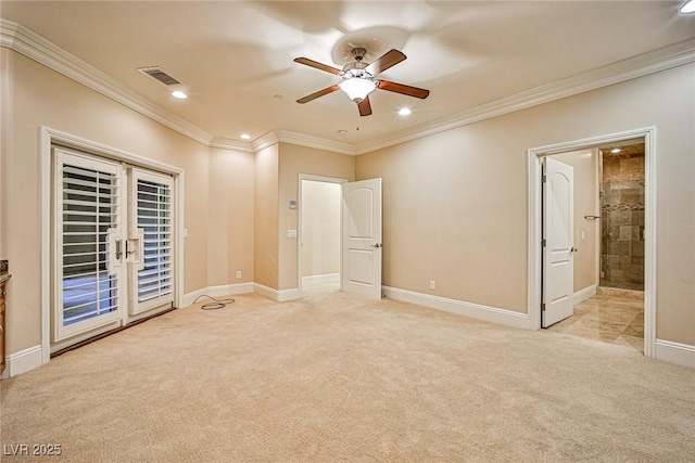 unfurnished bedroom with ornamental molding, access to outside, and light colored carpet