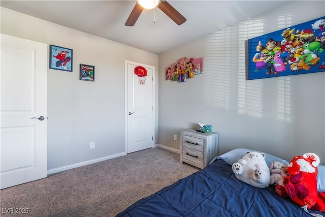 bedroom with ceiling fan and carpet flooring