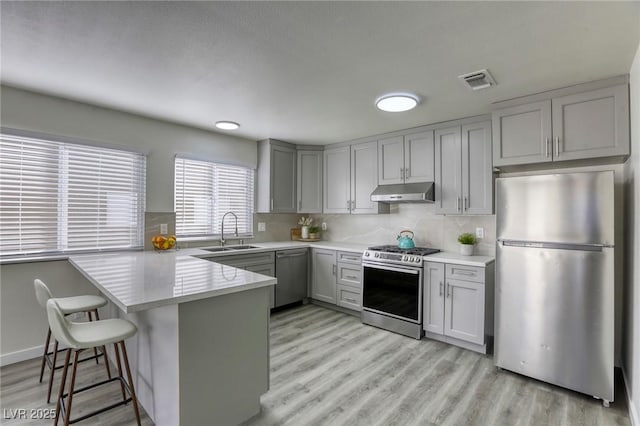 kitchen featuring appliances with stainless steel finishes, sink, a breakfast bar area, light hardwood / wood-style floors, and kitchen peninsula