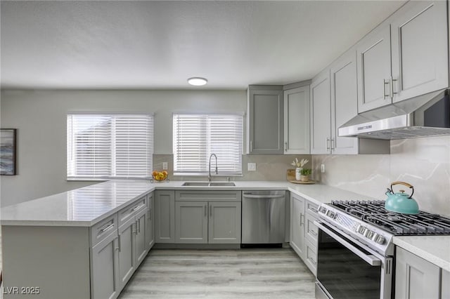 kitchen featuring appliances with stainless steel finishes, sink, gray cabinetry, kitchen peninsula, and light hardwood / wood-style flooring