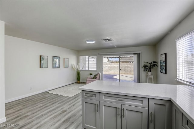 kitchen featuring gray cabinets and light hardwood / wood-style flooring