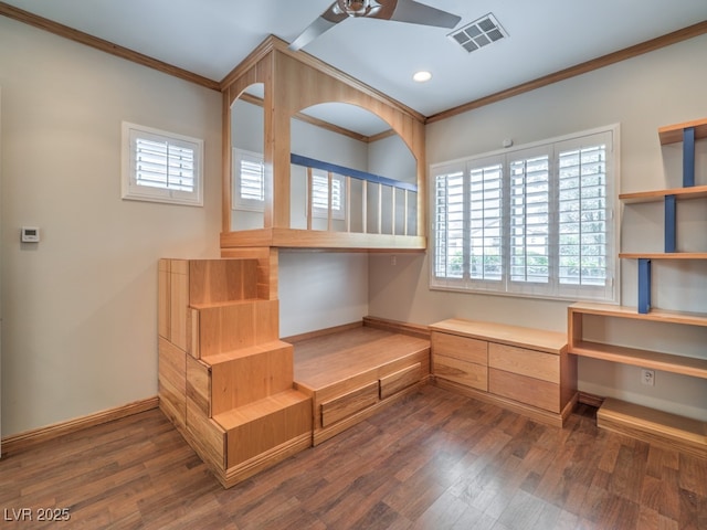 3 Pine Hollow Dr, Henderson, NV 89052 - unfurnished office with crown molding, ceiling fan, built in study area, plenty of natural light, and wood finished floors