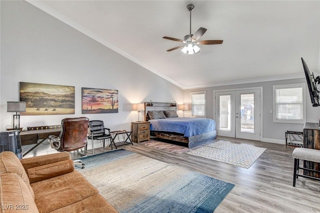 bedroom featuring crown molding, ceiling fan, access to exterior, wood-type flooring, and french doors