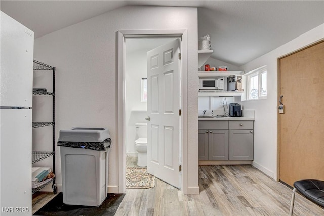 bathroom with hardwood / wood-style flooring, vanity, toilet, and vaulted ceiling