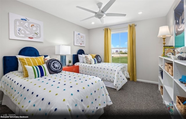 carpeted bedroom featuring ceiling fan