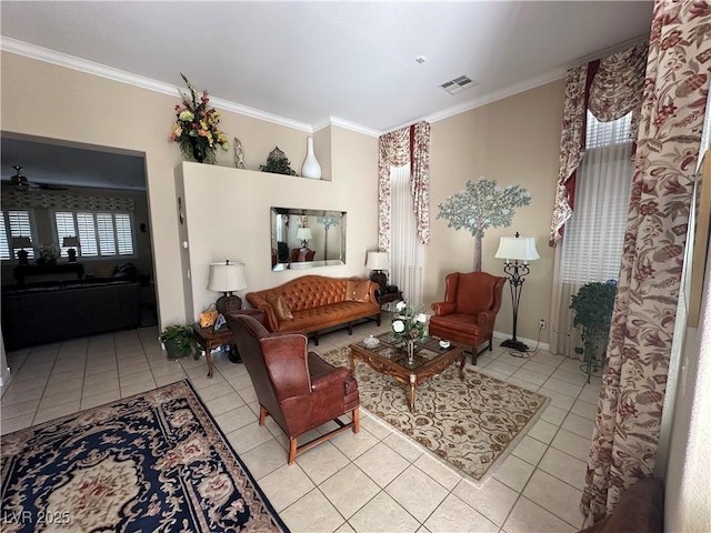 tiled living room featuring crown molding