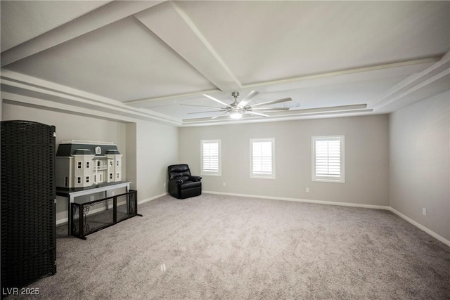 interior space featuring beamed ceiling, ceiling fan, and carpet floors