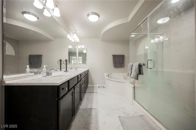 bathroom with shower with separate bathtub and vanity