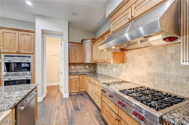 kitchen featuring ventilation hood, tasteful backsplash, dark hardwood / wood-style flooring, light stone counters, and stainless steel appliances